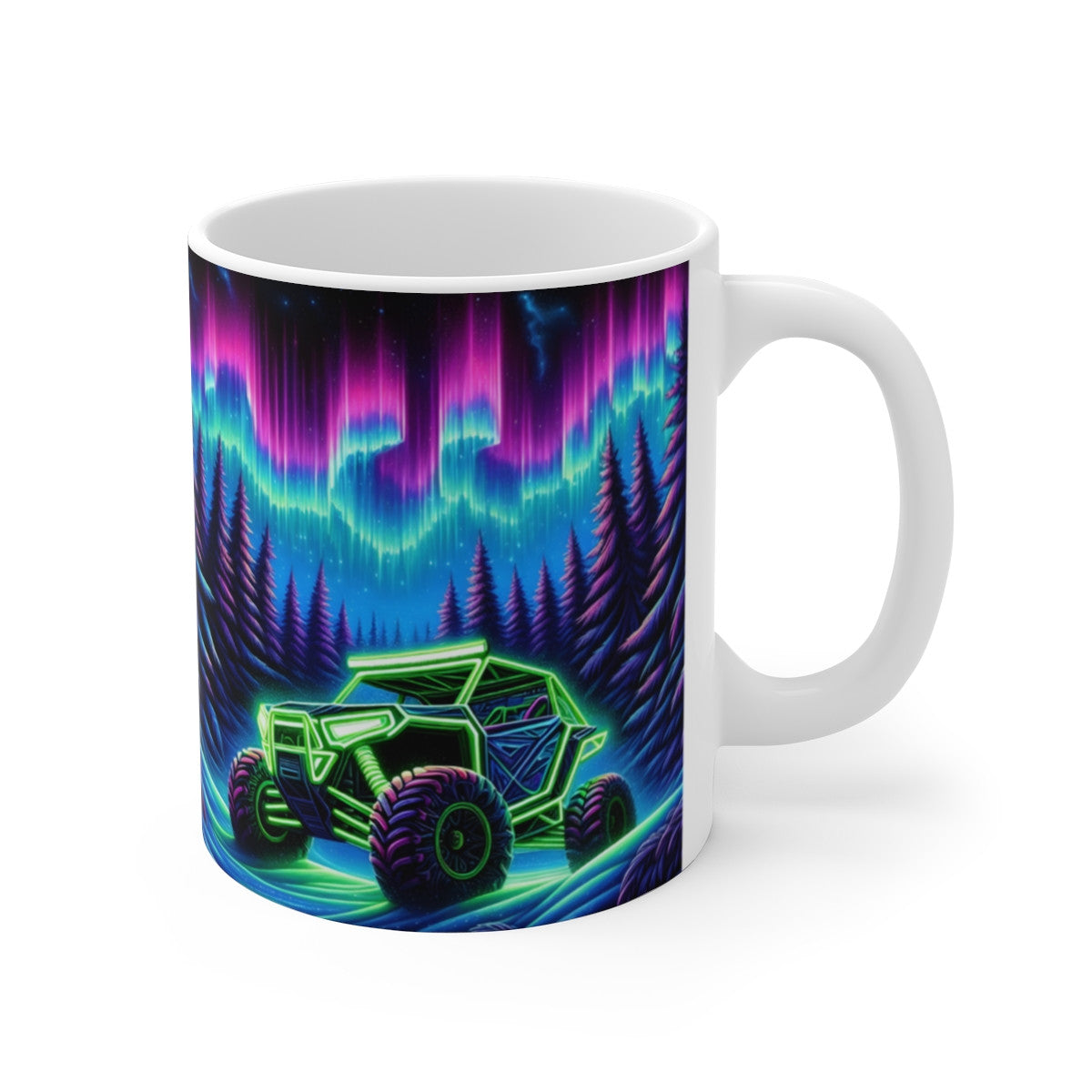 Mug céramique 325 ml – Buggy Néon sous Aurores Boréales – Tasse Off-Road Nocturne Forêt Scandinave