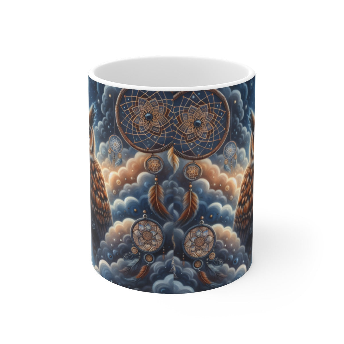 Mug céramique 325 ml – Hiboux et Attrape-Rêves – Tasse Nuit Bohème Lune Étoiles