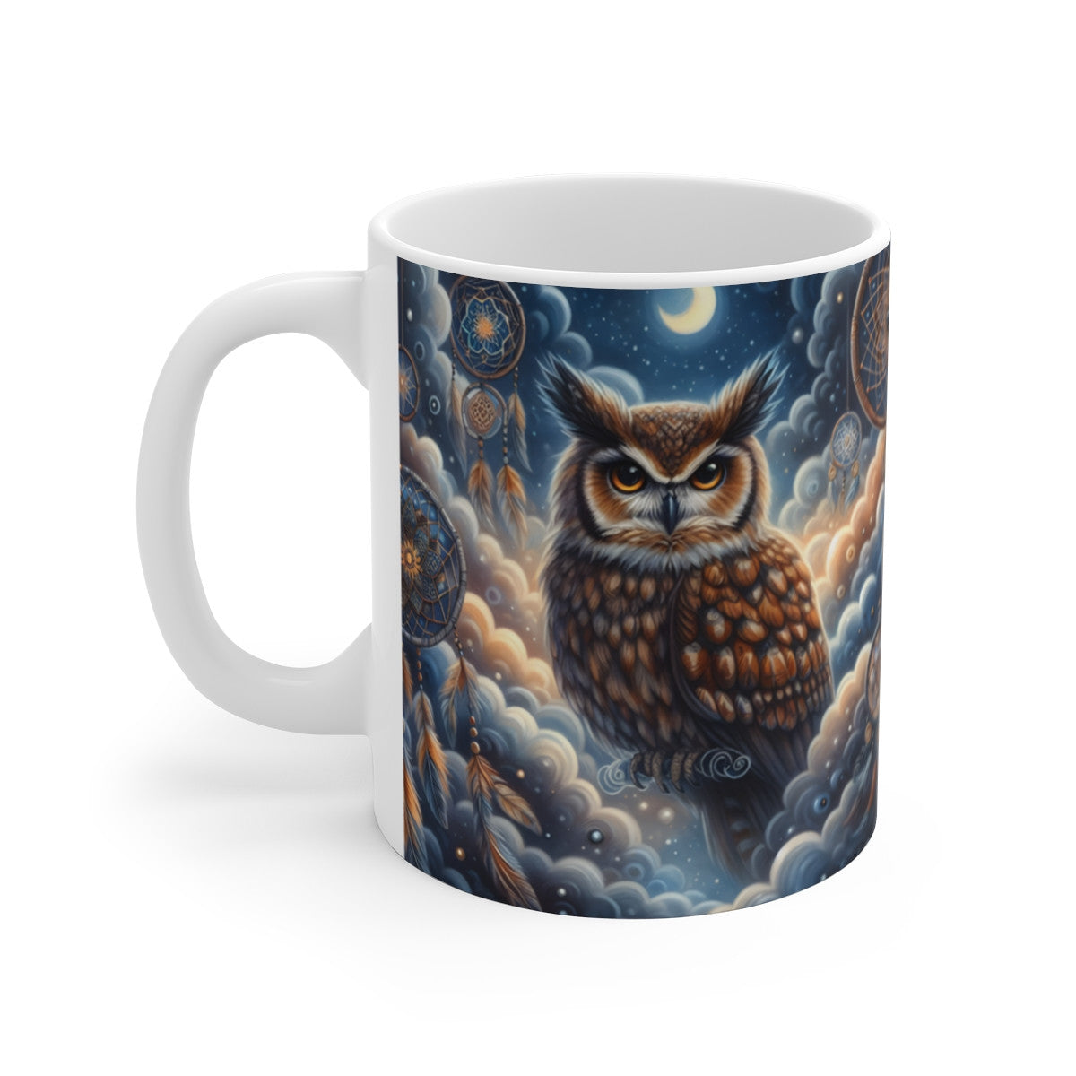 Mug céramique 325 ml – Hiboux et Attrape-Rêves – Tasse Nuit Bohème Lune Étoiles