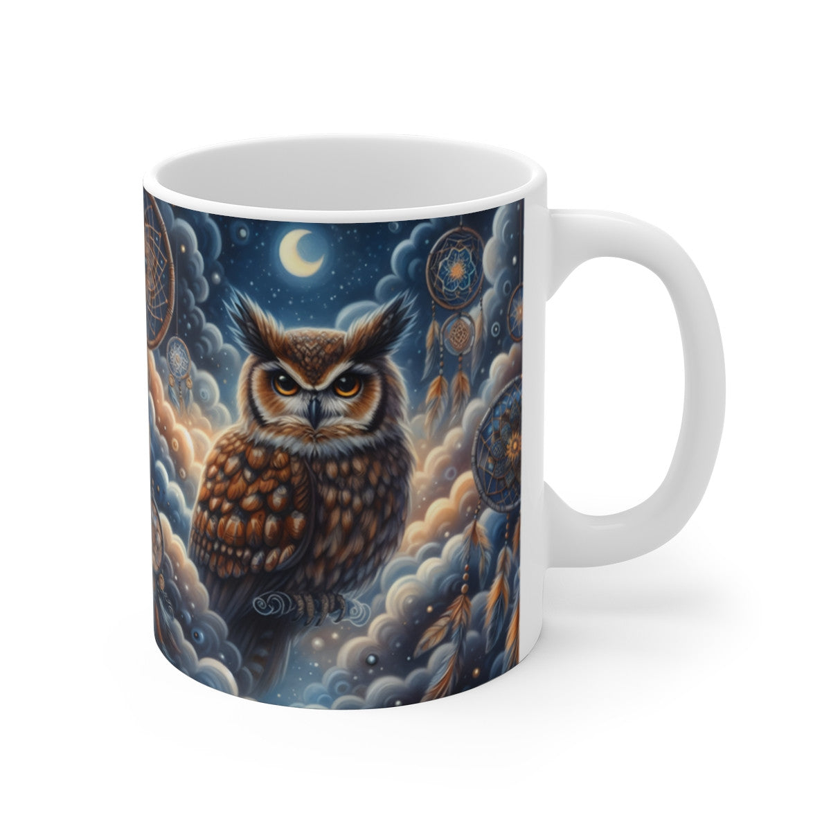 Mug céramique 325 ml – Hiboux et Attrape-Rêves – Tasse Nuit Bohème Lune Étoiles