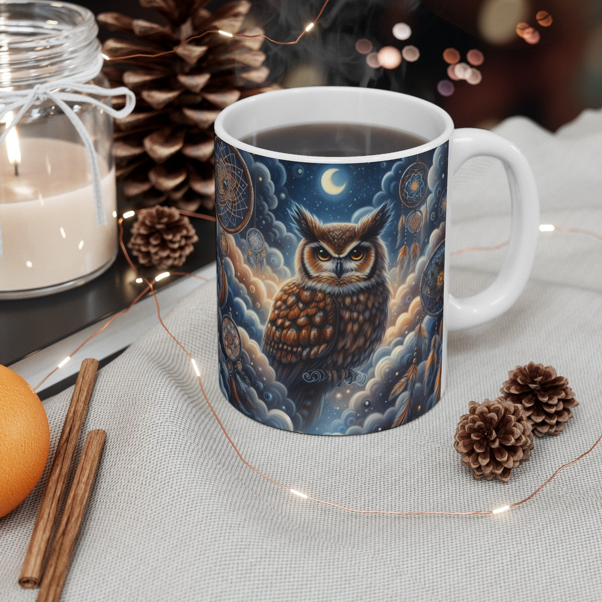 Mug céramique 325 ml – Hiboux et Attrape-Rêves – Tasse Nuit Bohème Lune Étoiles