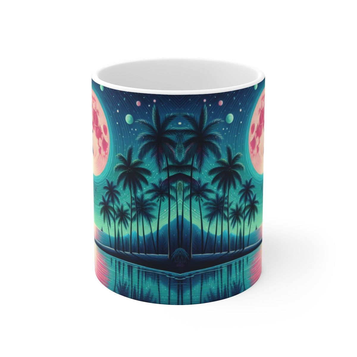Mug céramique 325 ml – Lune Rose et Palmiers – Tasse Paysage Tropical Nuit Étoilée