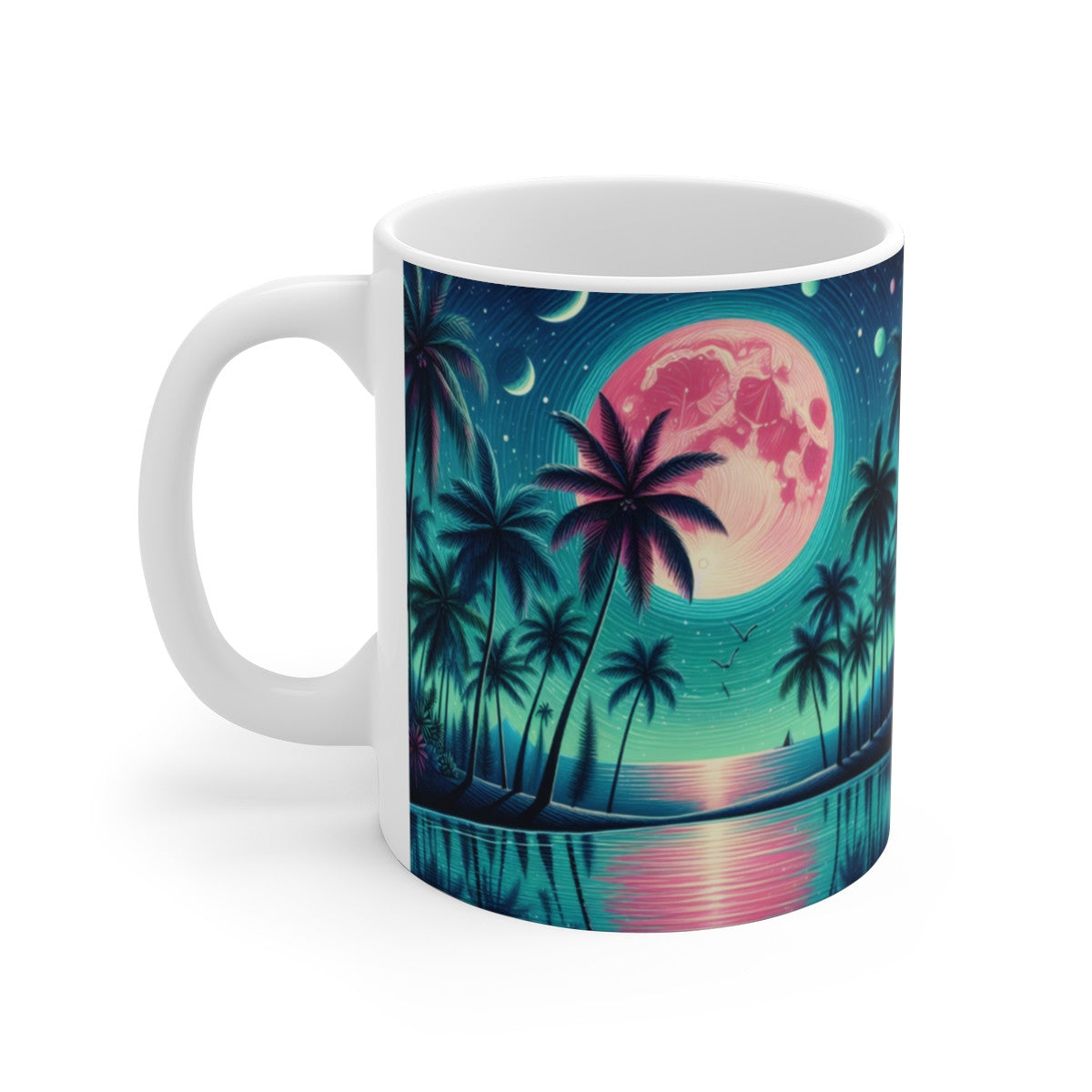 Mug céramique 325 ml – Lune Rose et Palmiers – Tasse Paysage Tropical Nuit Étoilée