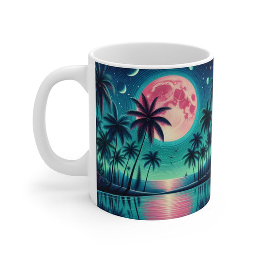 Mug céramique 325 ml – Lune Rose et Palmiers – Tasse Paysage Tropical Nuit Étoilée