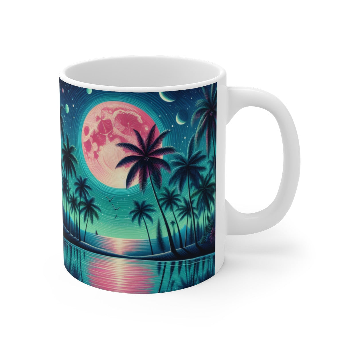Mug céramique 325 ml – Lune Rose et Palmiers – Tasse Paysage Tropical Nuit Étoilée