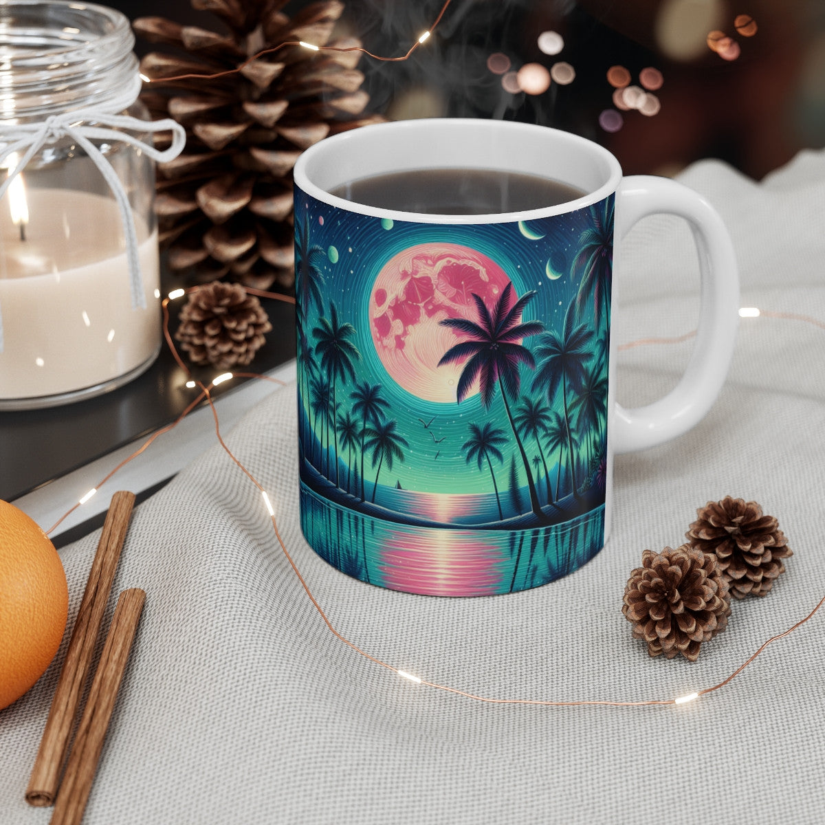 Mug céramique 325 ml – Lune Rose et Palmiers – Tasse Paysage Tropical Nuit Étoilée