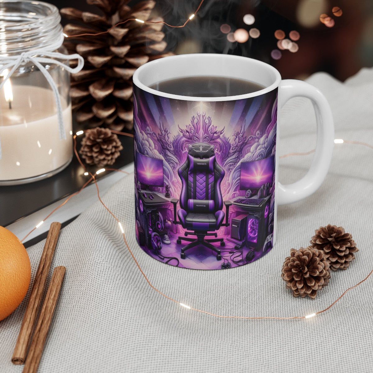 Mug céramique 325 ml – Setup Gaming Violet Néon – Tasse Gamer PC Esport Streamer Bureau LED