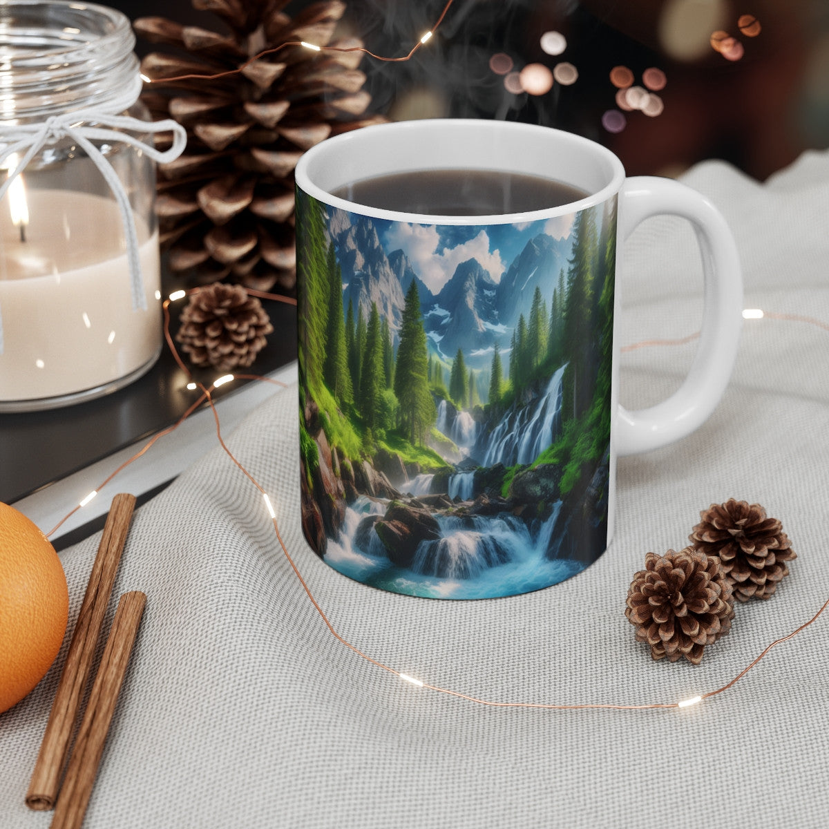 Mug céramique 325 ml – Cascade Montagne Forêt – Tasse Nature Paysage Alpin Rivière Eau Pure
