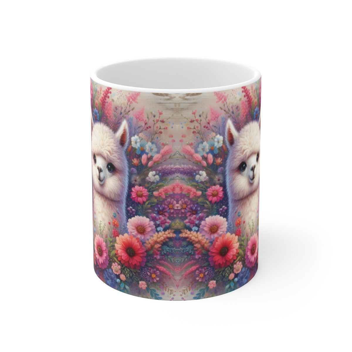 Mug céramique 325 ml – Alpagas Mignons Fleurs Colorées – Tasse Animaux Doux Bohème Champêtre