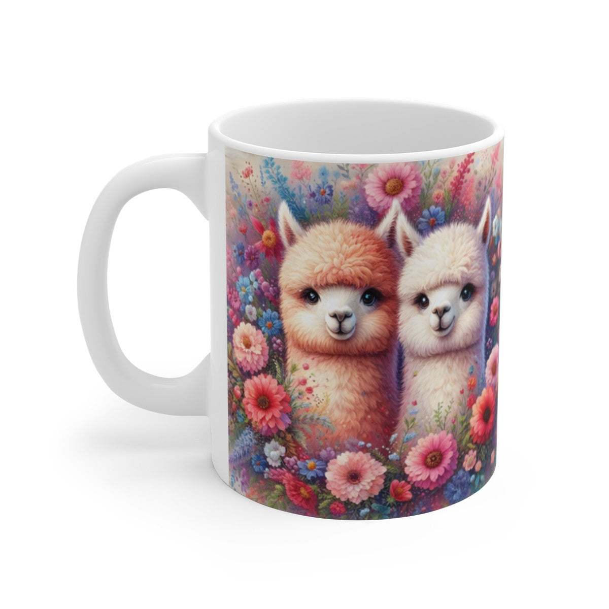 Mug céramique 325 ml – Alpagas Mignons Fleurs Colorées – Tasse Animaux Doux Bohème Champêtre