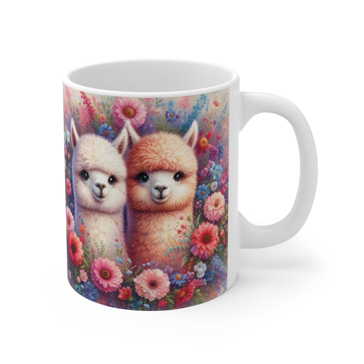 Mug céramique 325 ml – Alpagas Mignons Fleurs Colorées – Tasse Animaux Doux Bohème Champêtre