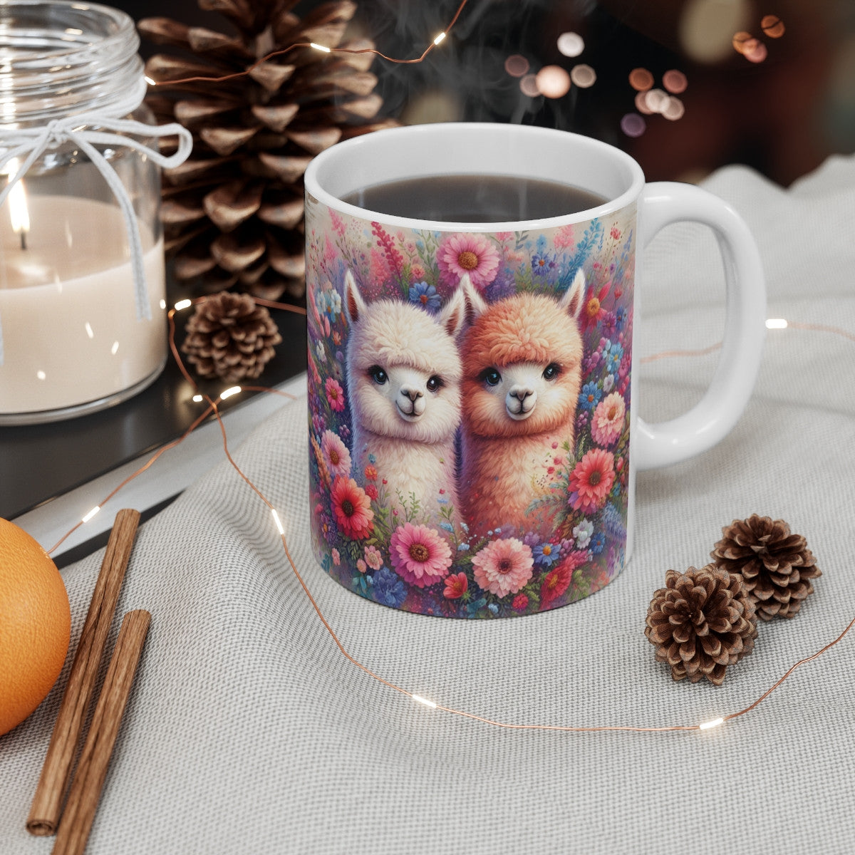 Mug céramique 325 ml – Alpagas Mignons Fleurs Colorées – Tasse Animaux Doux Bohème Champêtre