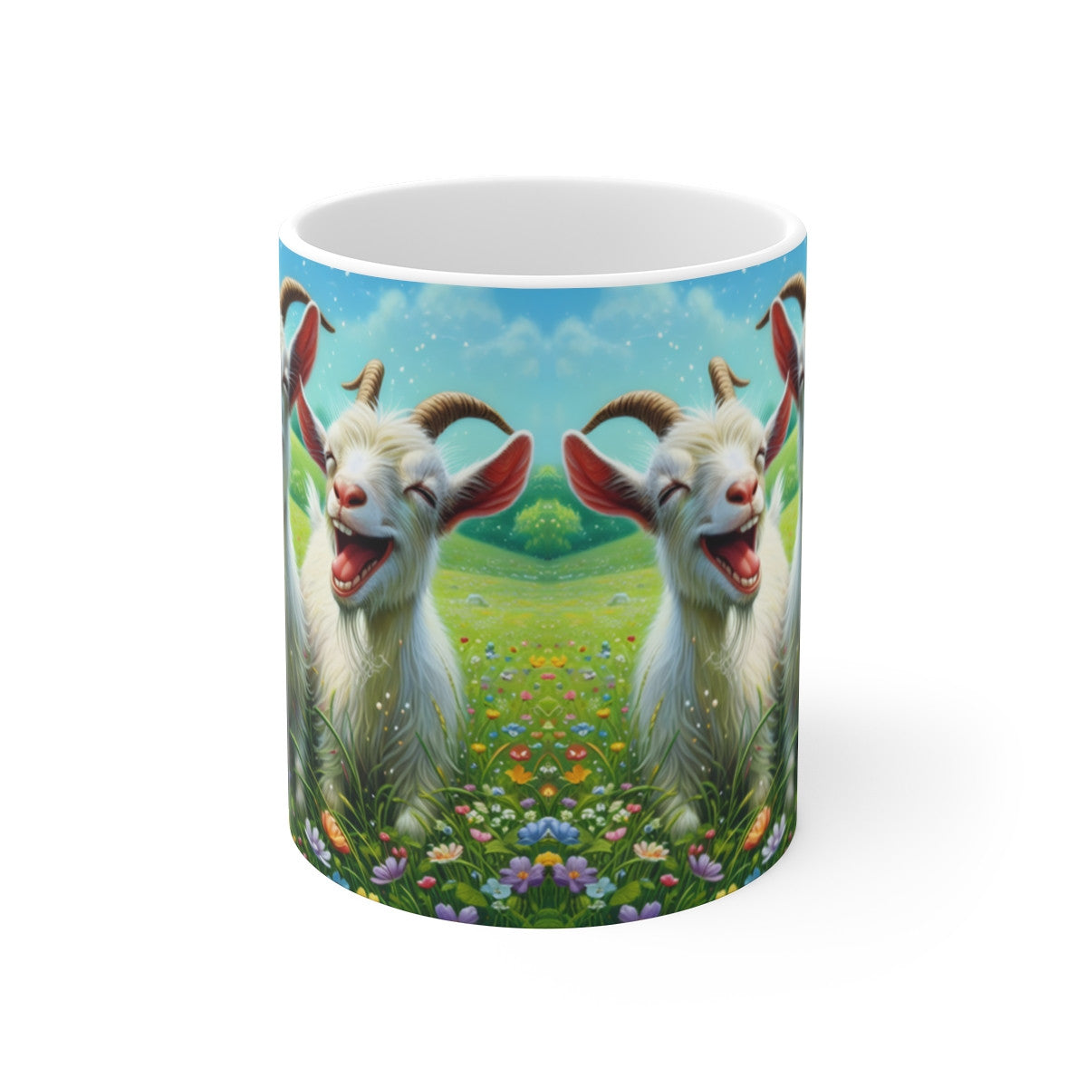 Mug céramique 325 ml – Chèvres Rigolotes Champ Fleuri – Tasse Animaux Mignons Rire Campagne Printemps