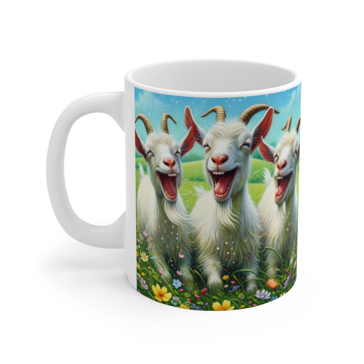 Mug céramique 325 ml – Chèvres Rigolotes Champ Fleuri – Tasse Animaux Mignons Rire Campagne Printemps