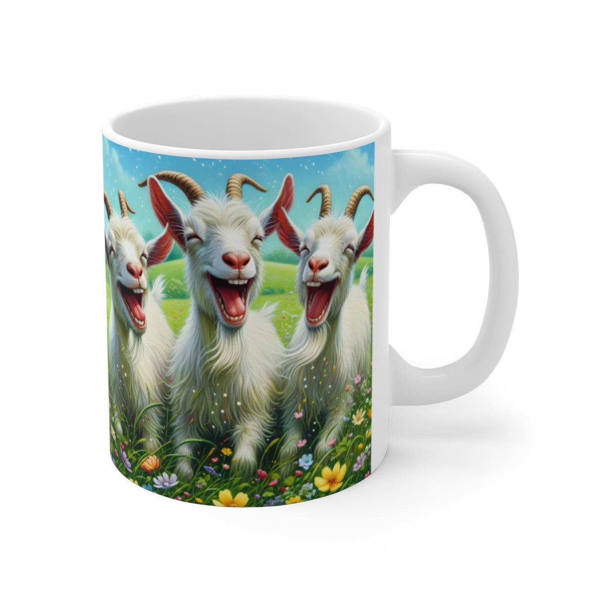 Mug céramique 325 ml – Chèvres Rigolotes Champ Fleuri – Tasse Animaux Mignons Rire Campagne Printemps
