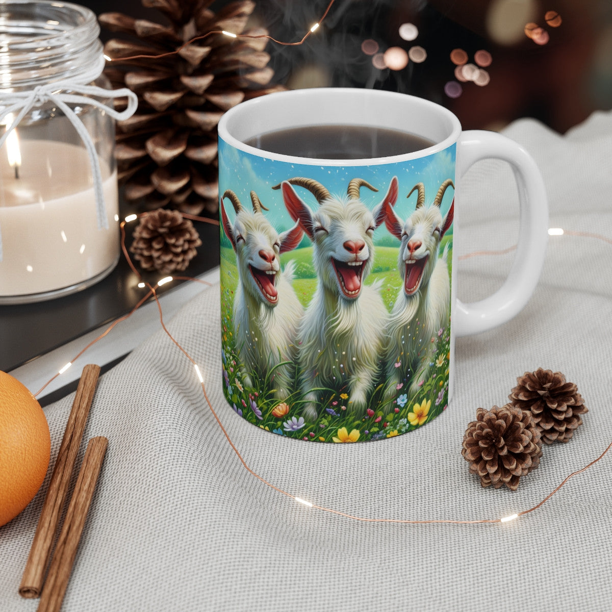 Mug céramique 325 ml – Chèvres Rigolotes Champ Fleuri – Tasse Animaux Mignons Rire Campagne Printemps