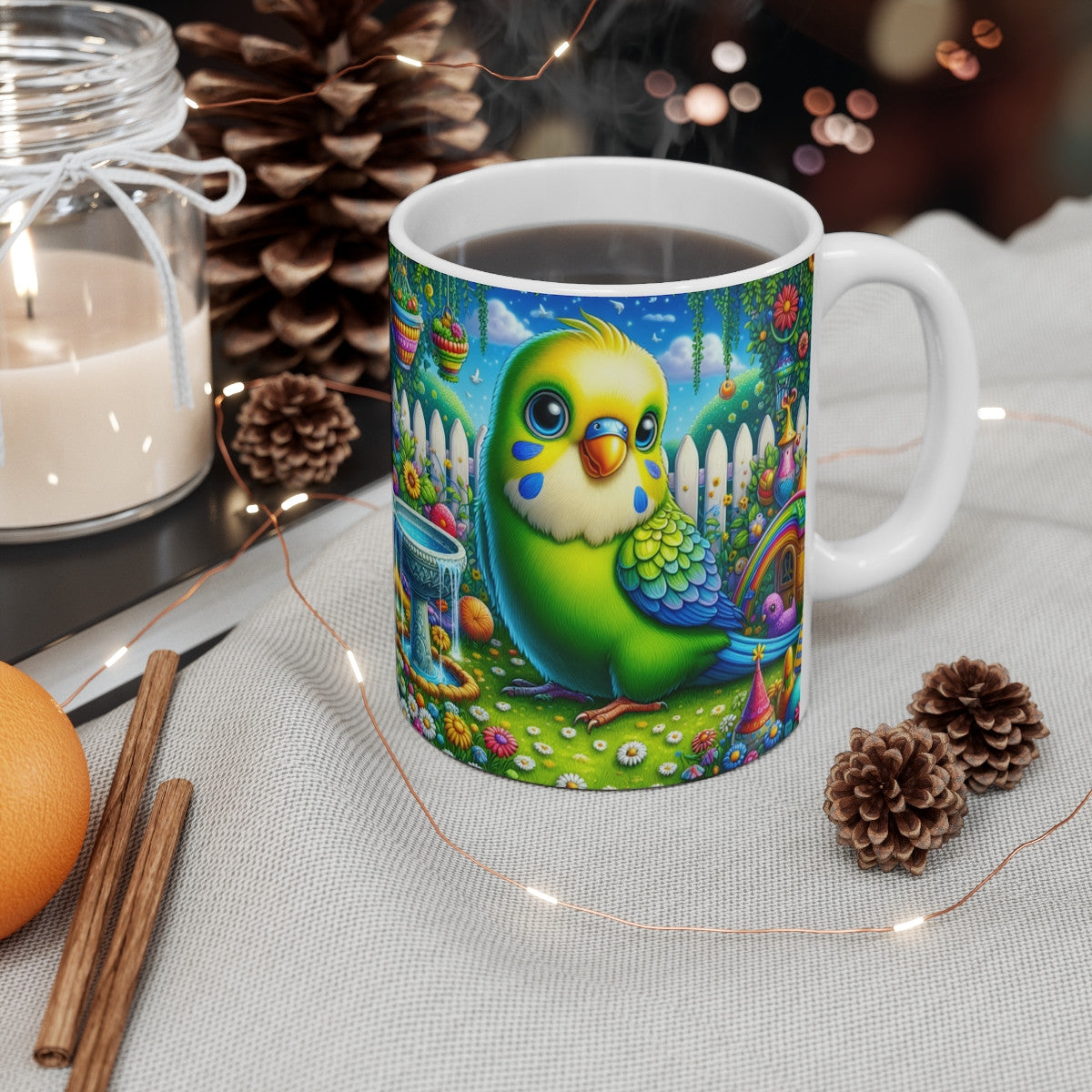 Mug céramique 325 ml – Perruche Arc-en-Ciel Jardin Fleuri – Tasse Oiseau Exotique Tropical Coloré Cadeau Nature