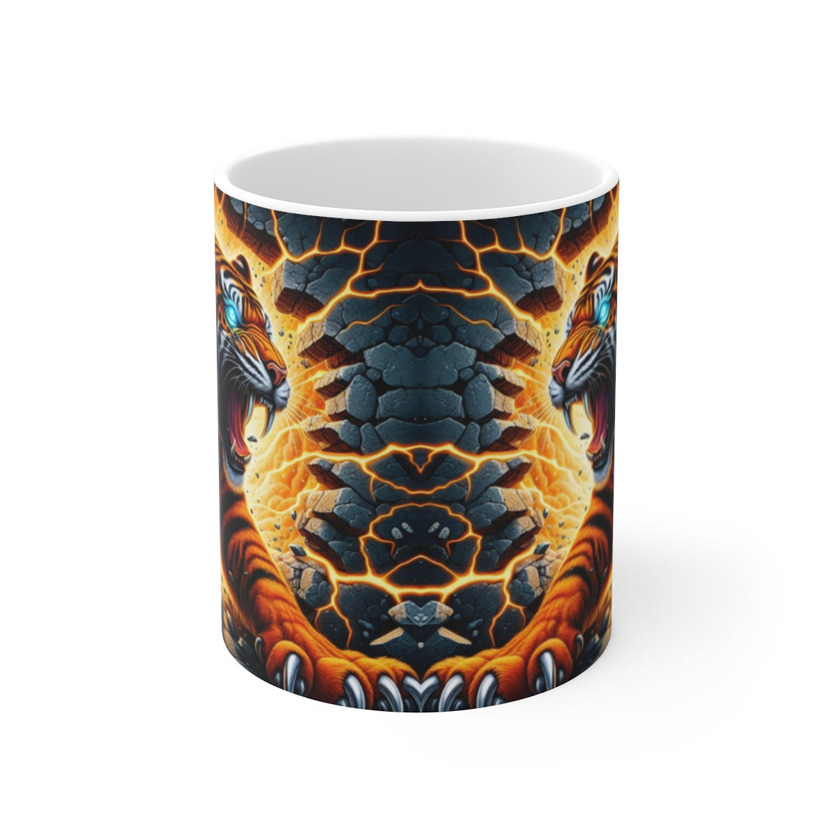 Mug céramique 325 ml – Tigre Rugissant Néon Électrique – Tasse Animal Sauvage Foudre Orange Bleu – Cadeau Gamer Fantaisie