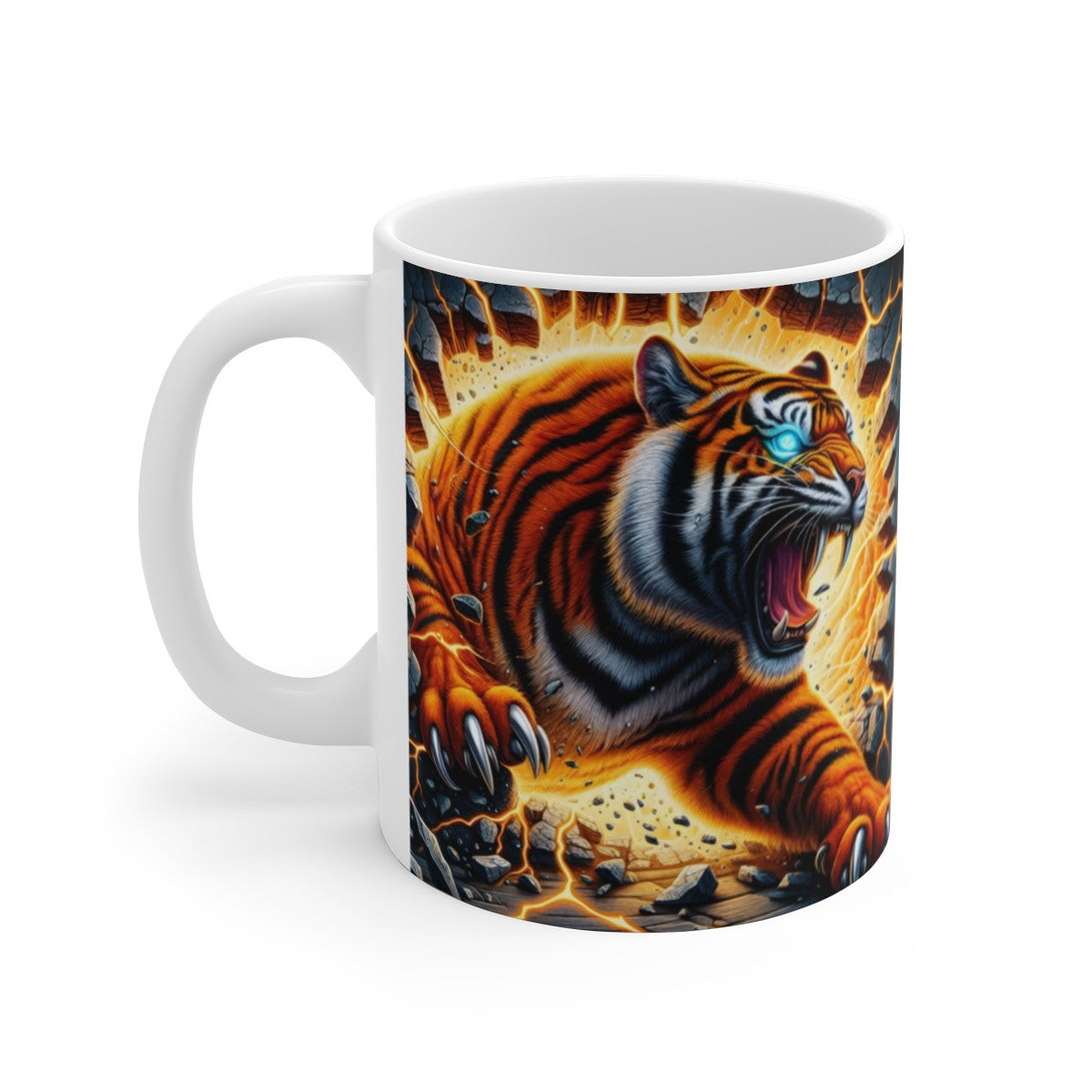 Mug céramique 325 ml – Tigre Rugissant Néon Électrique – Tasse Animal Sauvage Foudre Orange Bleu – Cadeau Gamer Fantaisie