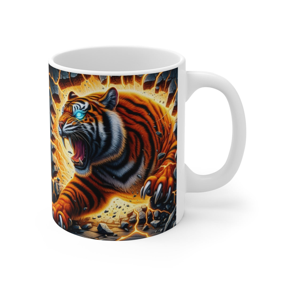 Mug céramique 325 ml – Tigre Rugissant Néon Électrique – Tasse Animal Sauvage Foudre Orange Bleu – Cadeau Gamer Fantaisie