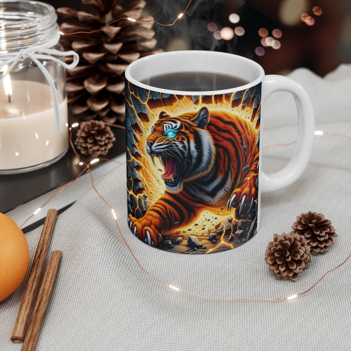 Mug céramique 325 ml – Tigre Rugissant Néon Électrique – Tasse Animal Sauvage Foudre Orange Bleu – Cadeau Gamer Fantaisie