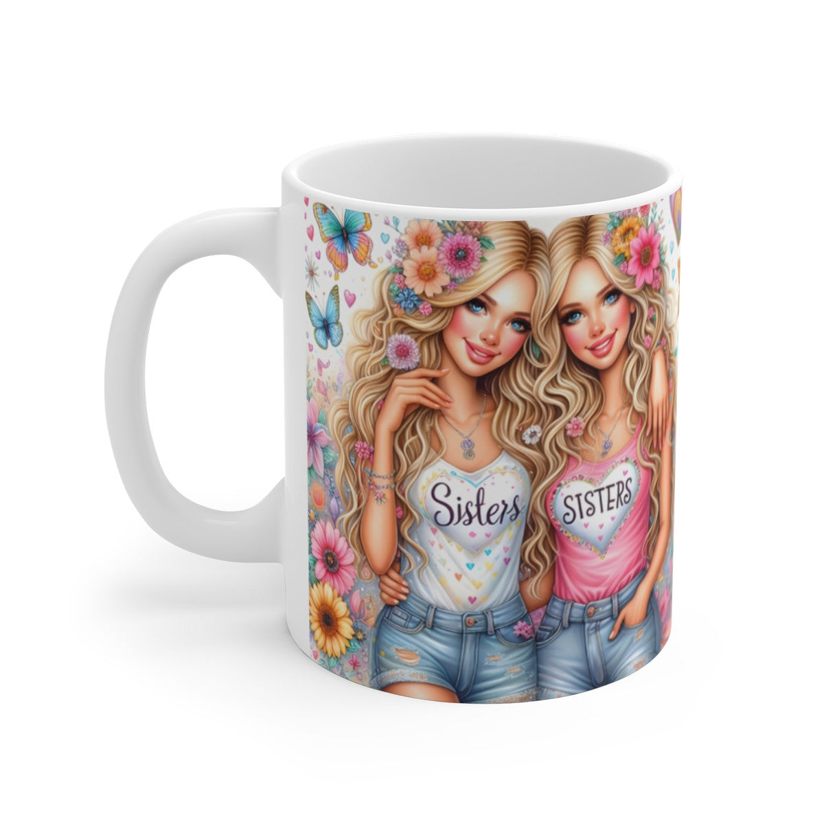 Mug céramique 325 ml – Illustration « Sisters » amitié entre sœurs – Cadeau original pour sœur, meilleure amie