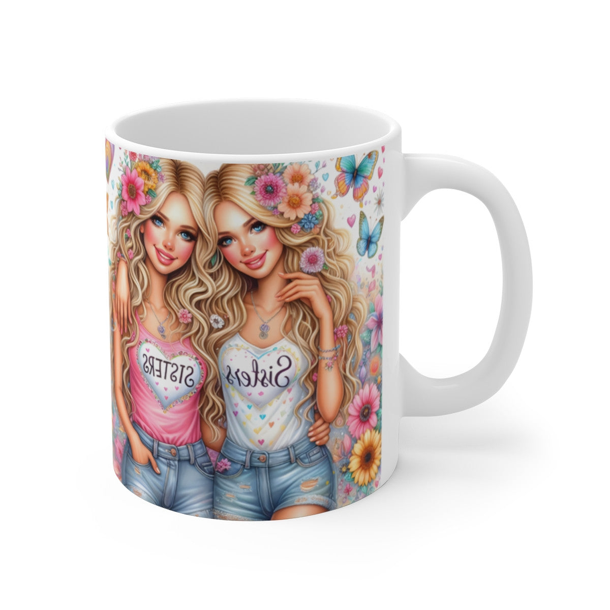 Mug céramique 325 ml – Illustration « Sisters » amitié entre sœurs – Cadeau original pour sœur, meilleure amie