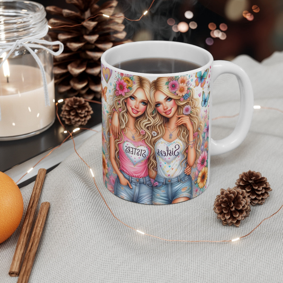 Mug céramique 325 ml – Illustration « Sisters » amitié entre sœurs – Cadeau original pour sœur, meilleure amie