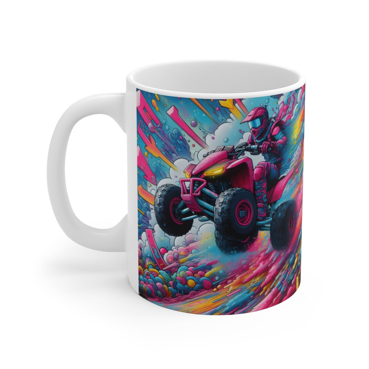 Mug quad – Tasse en céramique 325 ml – Illustration street art pilote ATV rose fluo – Cadeau fan de sports extrêmes