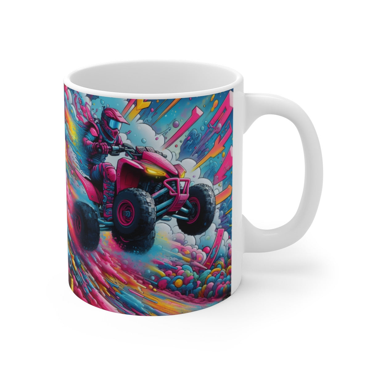 Mug quad – Tasse en céramique 325 ml – Illustration street art pilote ATV rose fluo – Cadeau fan de sports extrêmes