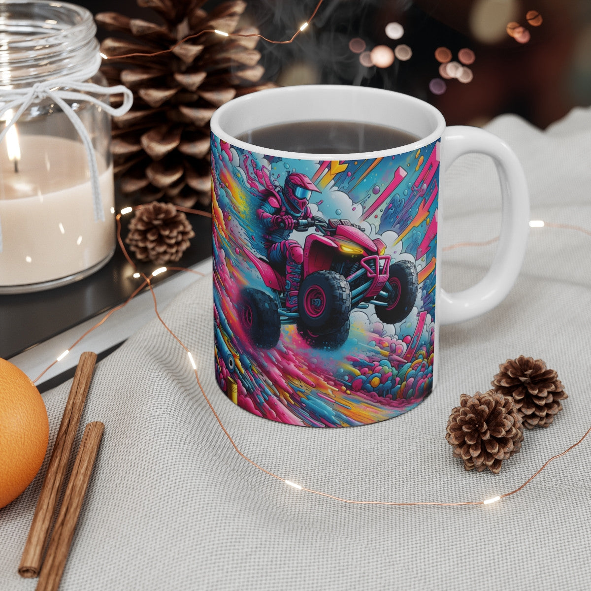Mug quad – Tasse en céramique 325 ml – Illustration street art pilote ATV rose fluo – Cadeau fan de sports extrêmes
