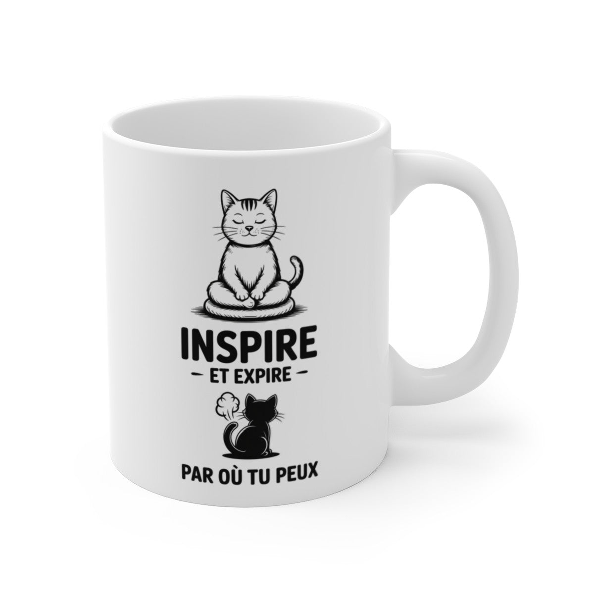 Mug humour chat yoga – Tasse céramique 325 ml – “Inspire et expire par où tu peux” – Cadeau drôle pour amoureux des chats