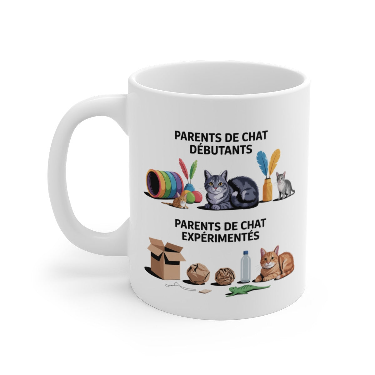 Mug humour chat – “Parents de chat débutants vs expérimentés” – Tasse céramique 325 ml – Cadeau drôle