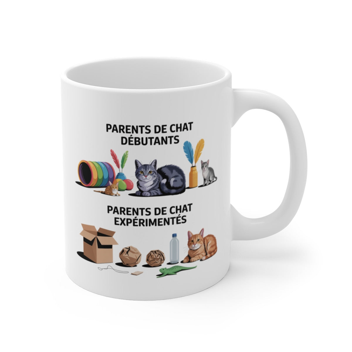 Mug humour chat – “Parents de chat débutants vs expérimentés” – Tasse céramique 325 ml – Cadeau drôle