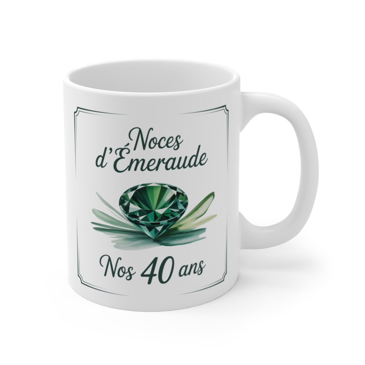 Mug Noces d’Émeraude – 40 Ans de Mariage – Tasse Céramique 325 ml – Cadeau Anniversaire Couple – Design Émeraude