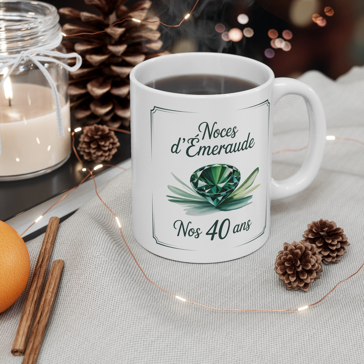 Mug Noces d’Émeraude – 40 Ans de Mariage – Tasse Céramique 325 ml – Cadeau Anniversaire Couple – Design Émeraude