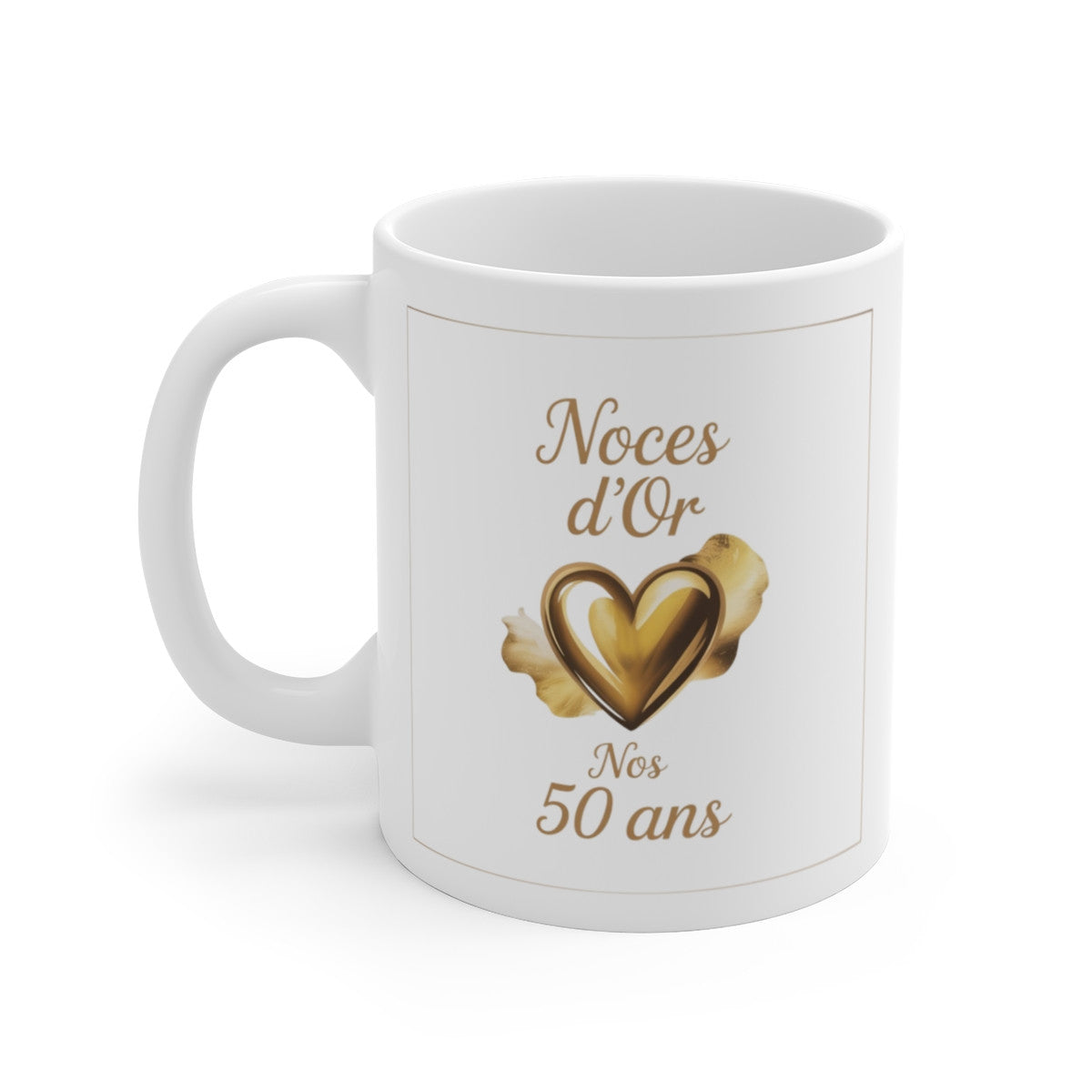 Mug Noces d’Or – 50 Ans de Mariage – Tasse Céramique 325 ml – Cadeau Anniversaire Couple – Design Cœur Doré Élégant