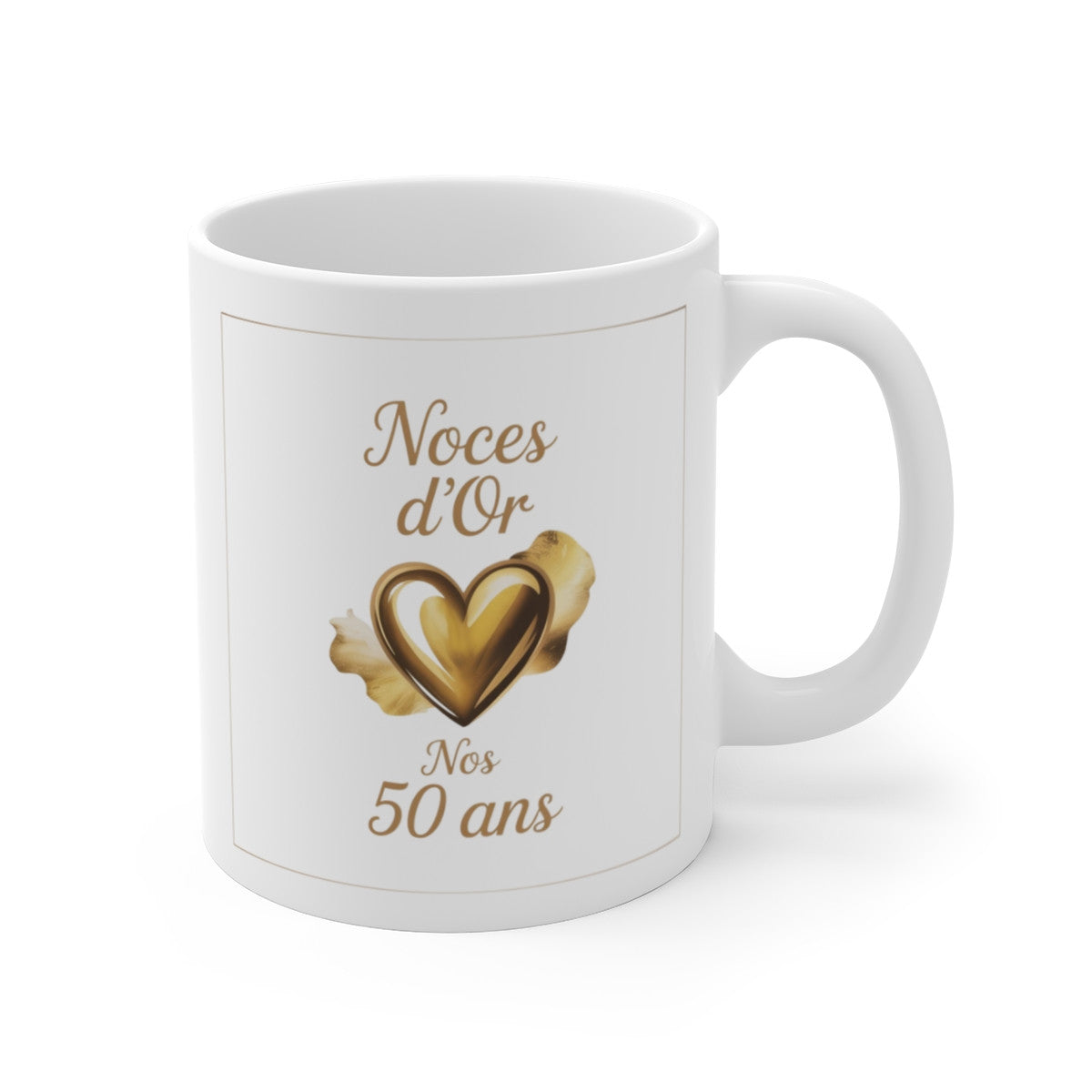 Mug Noces d’Or – 50 Ans de Mariage – Tasse Céramique 325 ml – Cadeau Anniversaire Couple – Design Cœur Doré Élégant
