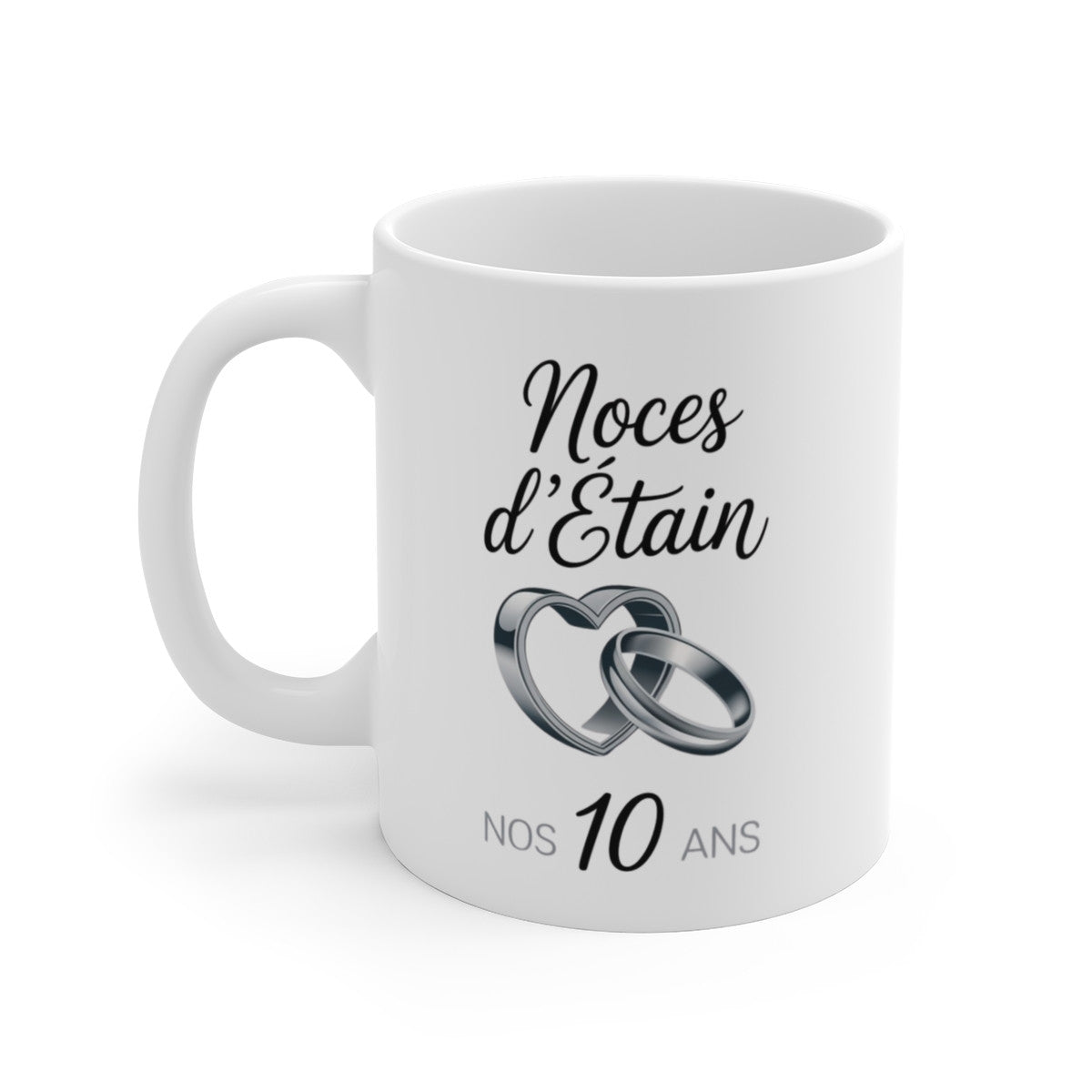 Mug Noces d’Étain – 10 Ans de Mariage – Tasse Céramique 325 ml – Cadeau Anniversaire Couple – Design Anneaux & Cœur Métallisé