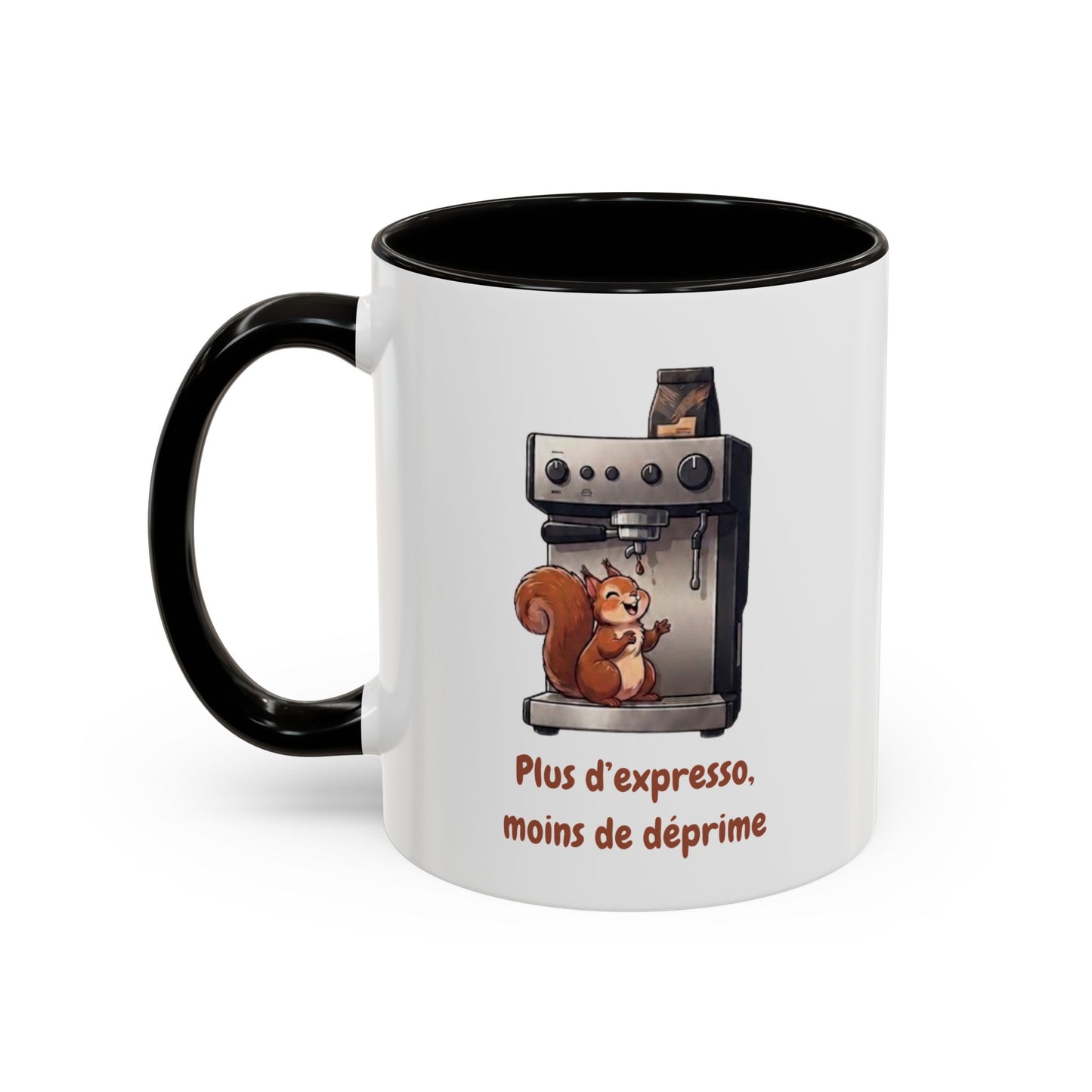 Tasse Drôle Café Plus d'Expresso Moins de Déprime – Mug Écureuil Machine à Café Homme Femme – Cadeau Amateur de Café Expresso Barista 325 ml