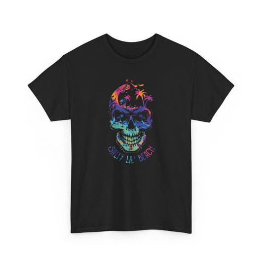 Tee Shirt Crâne Tropical “Salty Lil’ Beach” – T-shirt Graphique Unisexe – Humour Noir Coloré – Noir 100 % Coton
