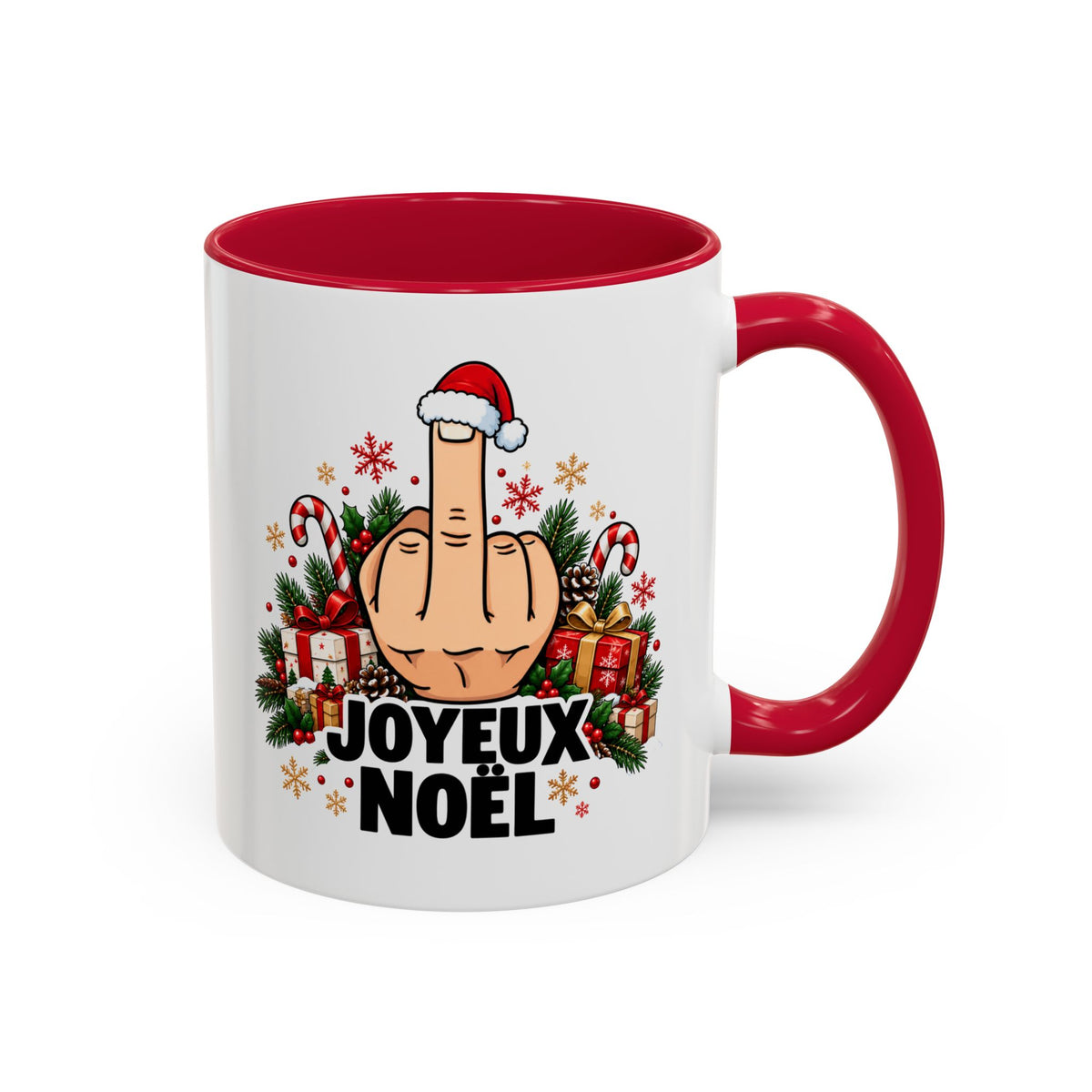 Mug Humour Noël « Joyeux Noël » – Tasse Geste Insolent avec Bonnet de Père Noël, Cadeaux et Sucre d’Orge – Cadeau Drôle Homme Femme