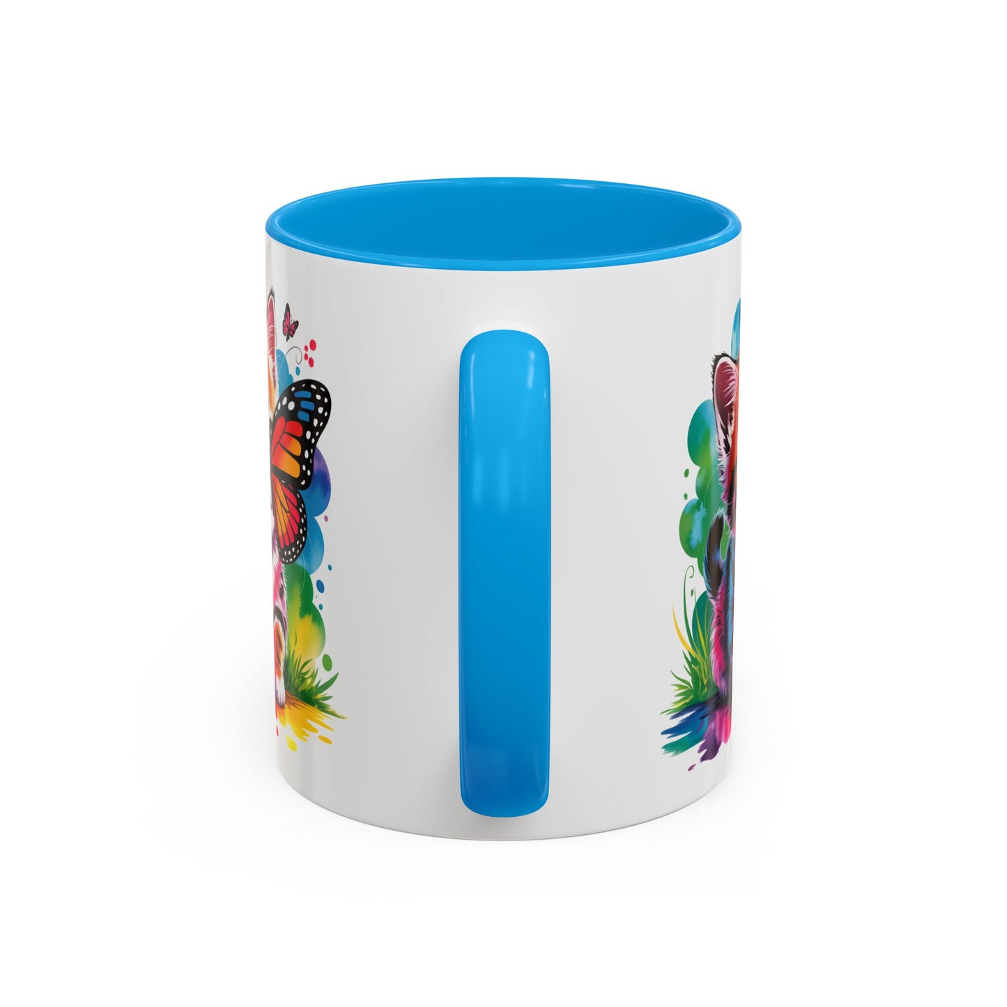 Mug Chaton Kawaii avec Papillon Arc-en-Ciel – Tasse Mignonne et Colorée Cadeau Amoureux des Chats – Céramique 325ml