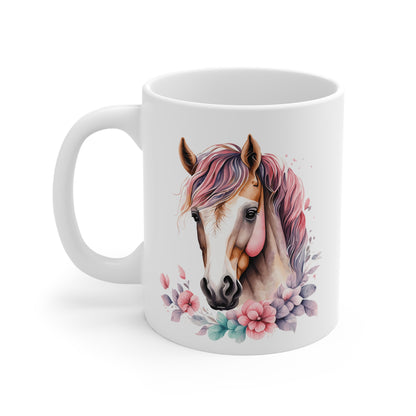 Mug Cheval Aquarelle 325ml – Tasse Céramique Design Équestre avec Fleurs – Cadeau Original Cavalier
