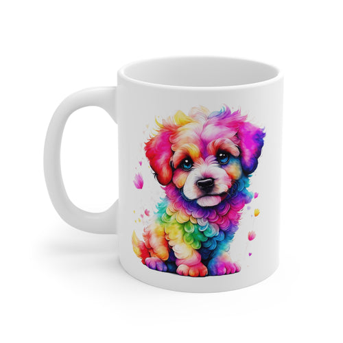 Mug Chiot Coloré 325ml – Tasse Céramique Chien Arc-en-Ciel Style Aquarelle – Cadeau Original Animal Mignon
