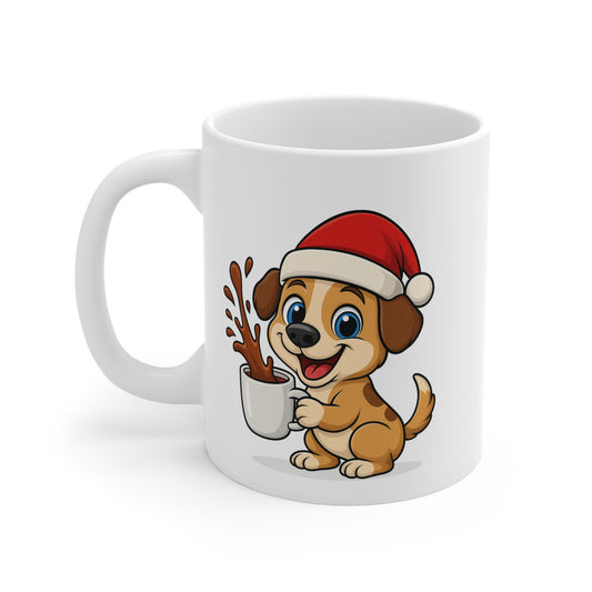 Mug Chiot Noël 325ml – Tasse Céramique Mignonne avec Bonnet Rouge – Cadeau Fêtes Original