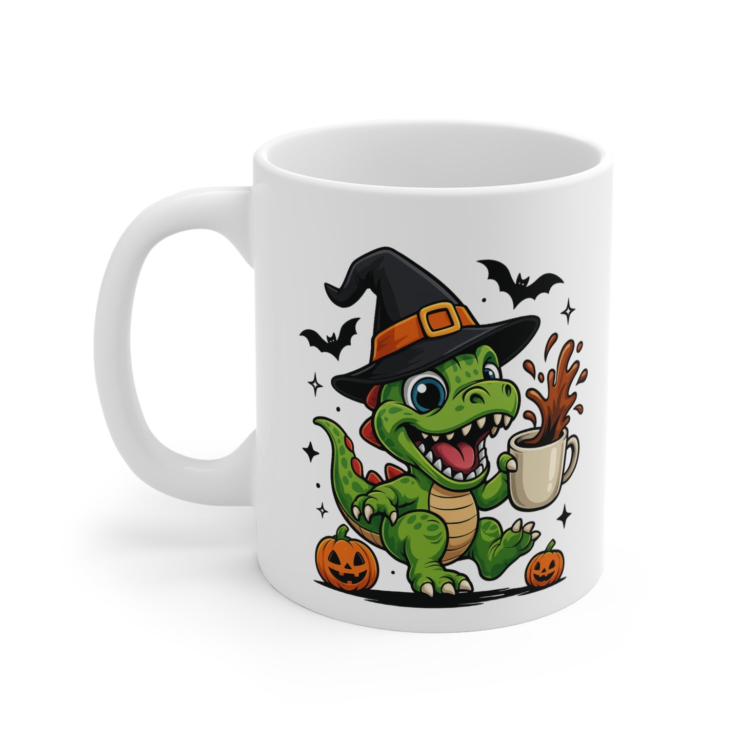 Mug Dinosaure Sorcier Café – Tasse Céramique 325ml – Illustration Drôle Halloween avec Citrouilles