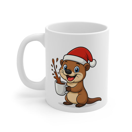 Mug Loutre Noël 325ml – Tasse Céramique Mignonne avec Bonnet Rouge – Cadeau Fêtes Original