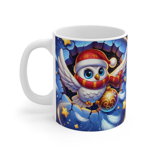 Mug Noël 325ml – Chouette Blanche Festive avec Écharpe Rouge et Boule Dorée – Tasse Céramique Cadeau Hiver