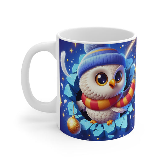 Mug Noël 325ml – Chouette Magique en Bonnet Bleu et Écharpe Rayée – Tasse Céramique Cadeau Hiver